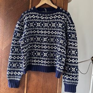 Vintage Fisherman Sweater Blue White Argyle Print Handmade Small Medium